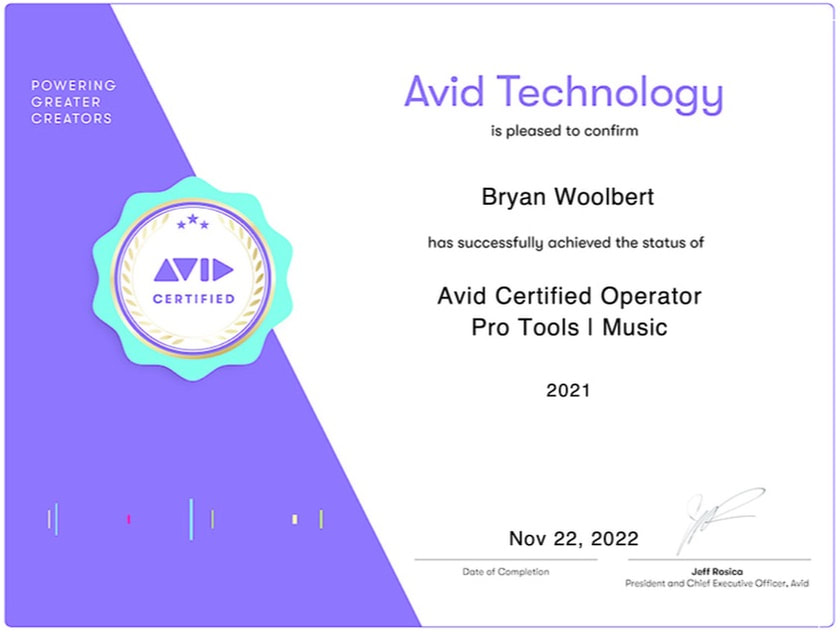 Image of Pro Tools | Operator of Music Certification with Avid Certified Logo at left center, 